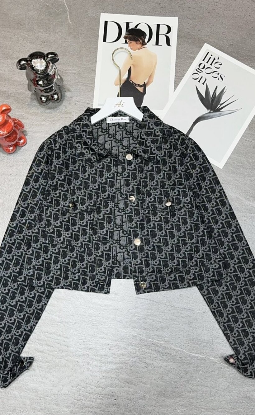 ✨Dior Oblique Jacquard Cropped Jacket Logo Pattern Button Coat